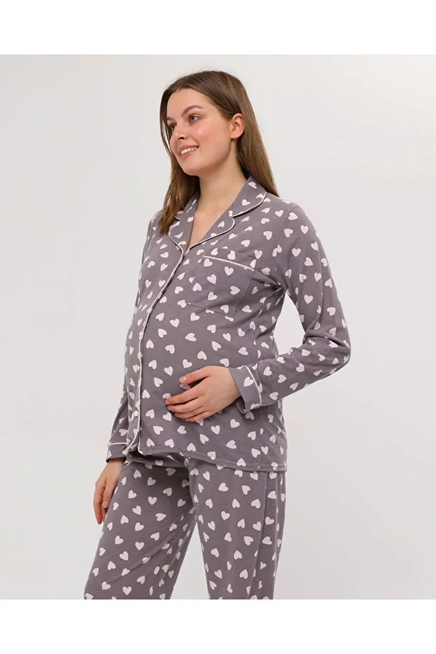 Front Buttoned Plus Size Combed Cotton Maternity Pajama Set - 1