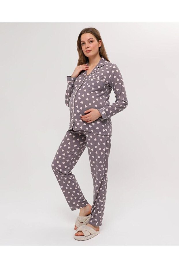Front Buttoned Plus Size Combed Cotton Maternity Pajama Set - 3