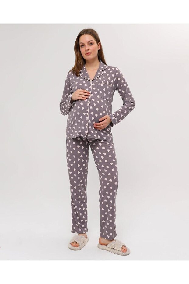 Front Buttoned Plus Size Combed Cotton Maternity Pajama Set - 4
