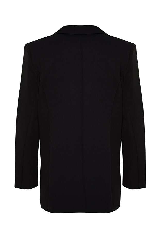 Siyah Oversize Astarlı Düğmeli Dokuma Blazer Ceket TWOAW22CE0167 - 8