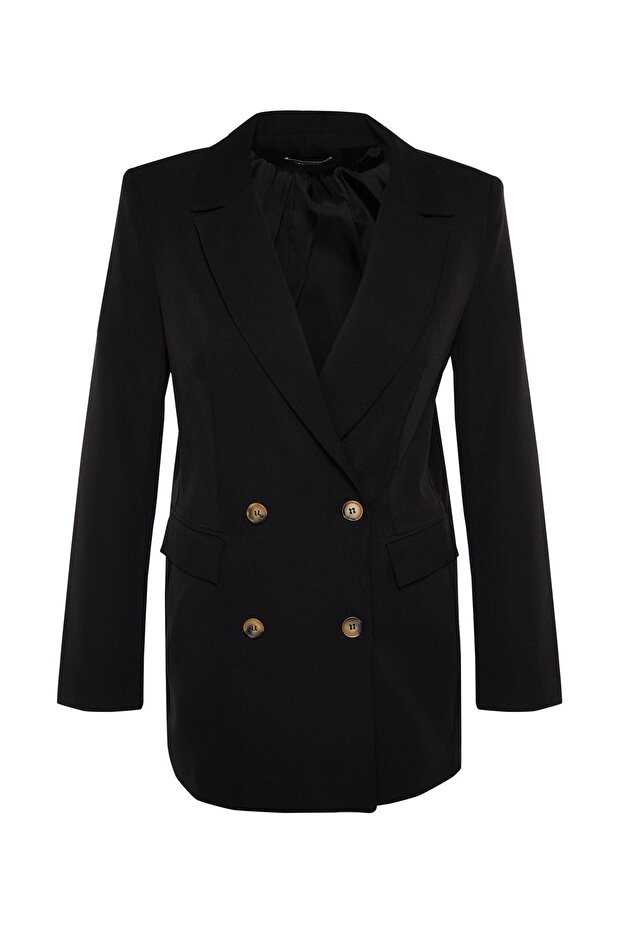Siyah Oversize Astarlı Düğmeli Dokuma Blazer Ceket TWOAW22CE0167 - 6
