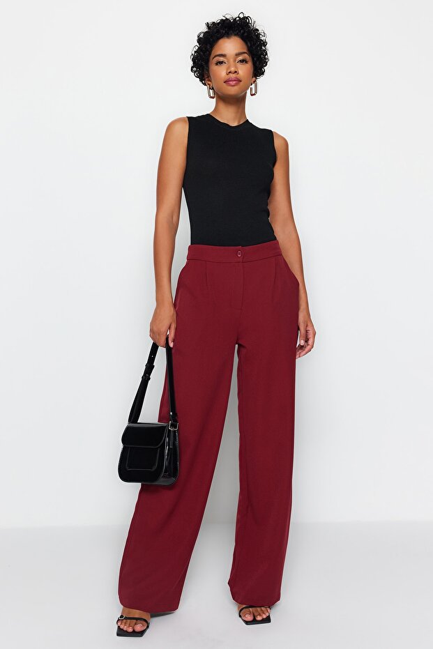 Bordo Wide Leg/Geniş Paça Dokuma Kumaş Pantolon TWOAW22PL0139 - 6