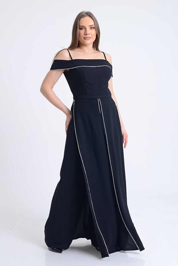 Siyah Kayık Yaka Askılı Tulum - 5