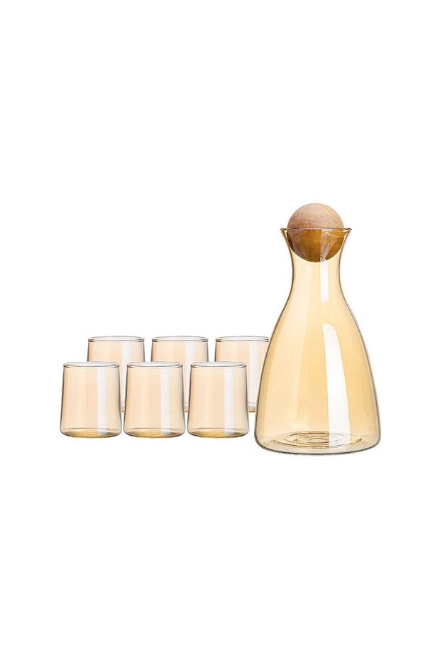 Borosilikat Cam Ahşap Top Kapaklı Amber Karaf 2000 ml & 6 Adet Bardak - 1