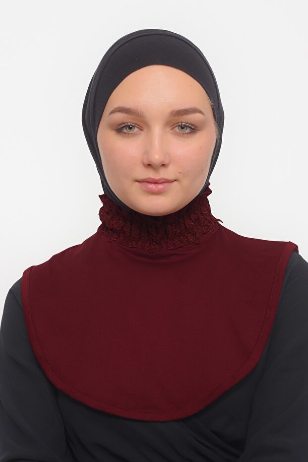 Women's Lace Ruffled Elastic Gathered Turtleneck Hijab Neck Collar - Burgundy