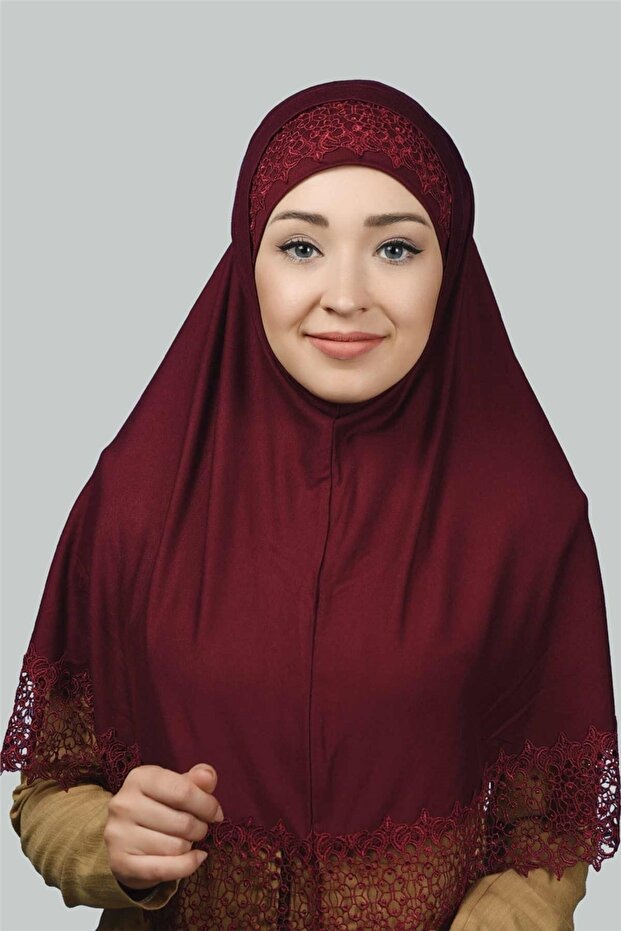 Set of Two Lace Practical Scarf Ready Hijab and Hijab Bonnet Xl - Claret Red