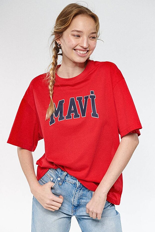 Women's Blue Logo Printed Red T-Shirt 1600843 -82054
