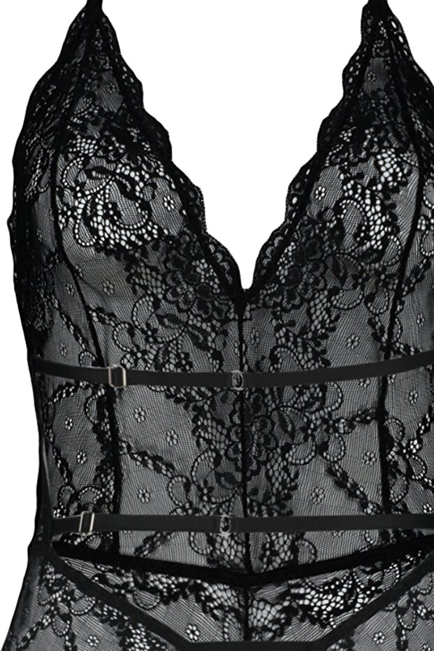Siyah Dantelli İp Askılı Çıtçıtlı Örme Body THMAW23BD00009 - 7