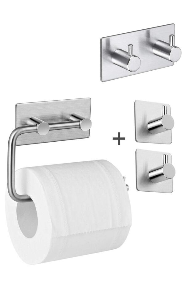 Stainless Steel Adhesive Toilet Paper Holder - Robe Rack - 2 Towel Holders - Instant Installation
