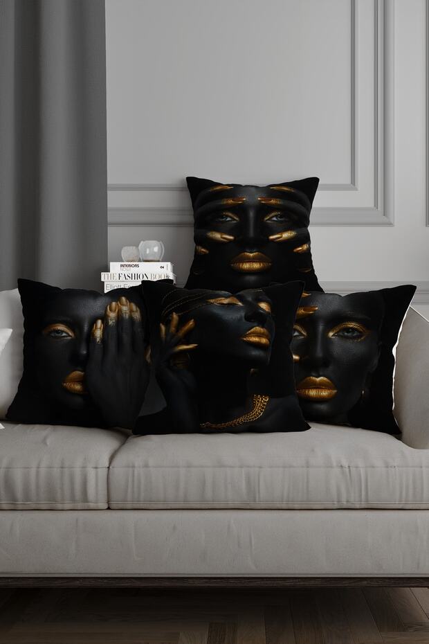 Black Woman Black Girl Patterned Black Gold Digital Printed 4-Piece Throw Pillow Pillow Cases
