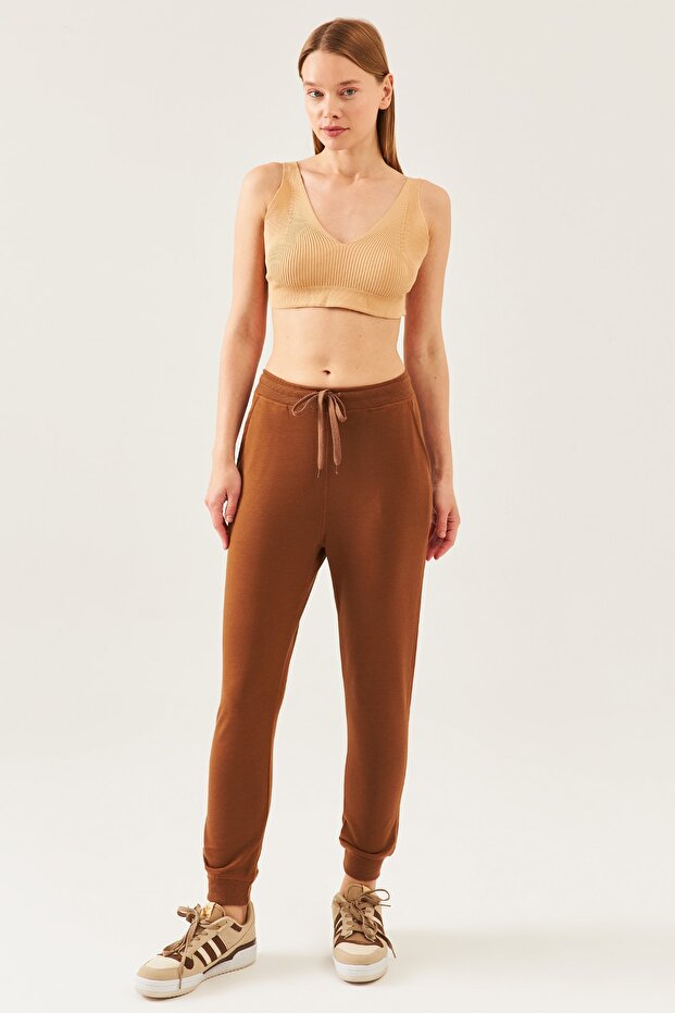 Women's Brown Stretchy Leg Lok Stitch Knitted Jogger Sweatpants