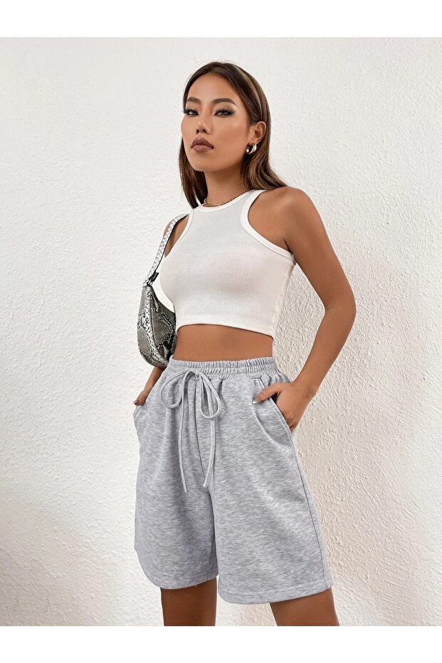 Gri Kadın Penye Şort - 2
