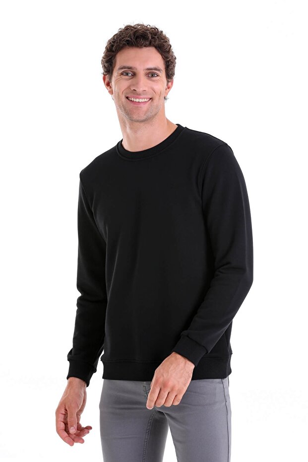 Black Regular Fit Plain Cotton Crew Neck Sweatshirt