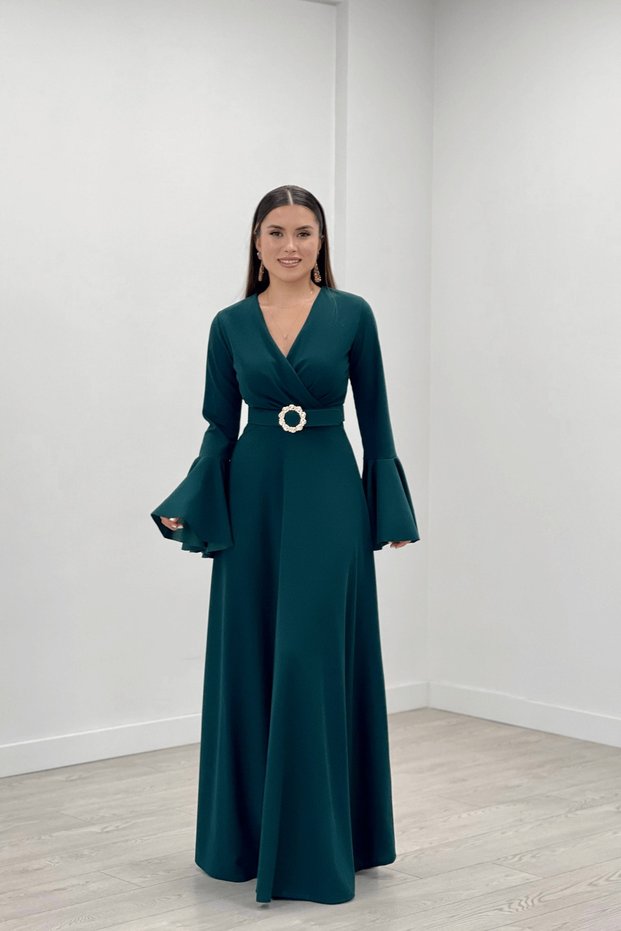 Crepe Fabric Sleeves Flounce Detailed Maxiboy Evening Dress - EMERAL GREEN