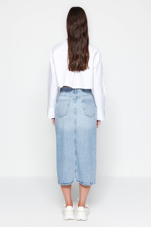 Mavi Önden Düğmeli Yırtmaçlı Midi Denim Etek TWOAW24ET00063 - 6