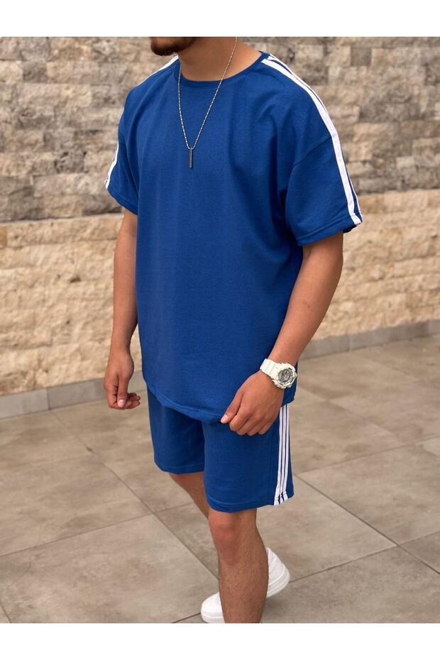 2'li Şort Tshirt Biyeli Takım Mavi - 1