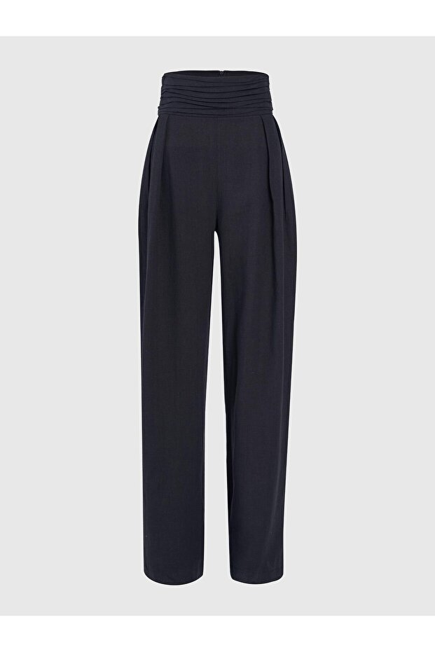 Draped Black Linen High Waist Trousers