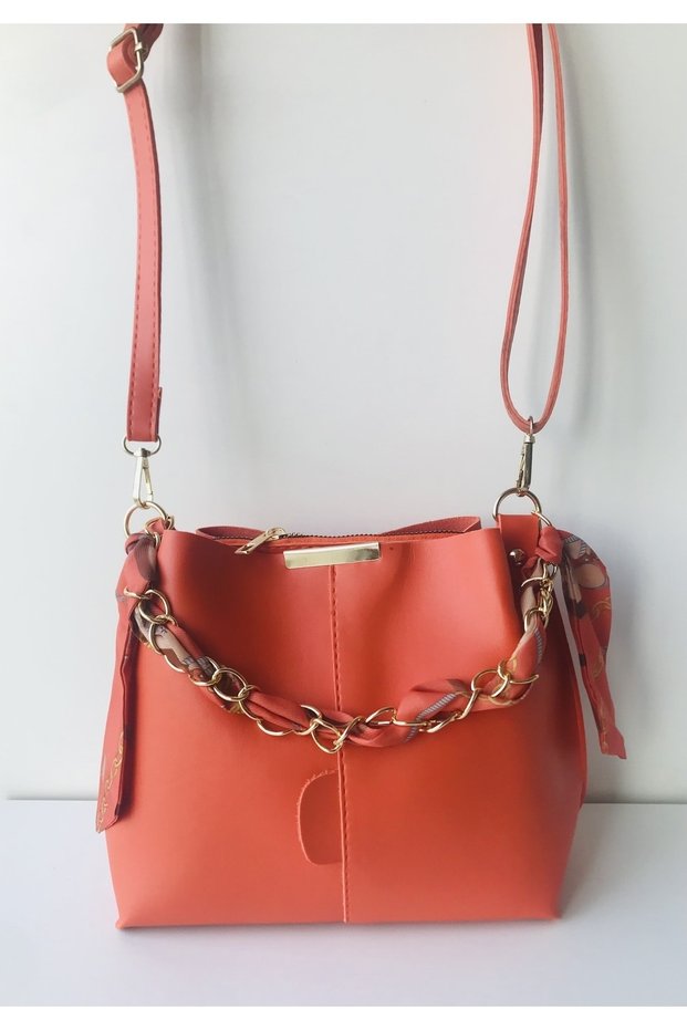 Women's Orange Soft Leather 3-Compartment Hand and Shoulder Bag with Scarf and Chain Accents