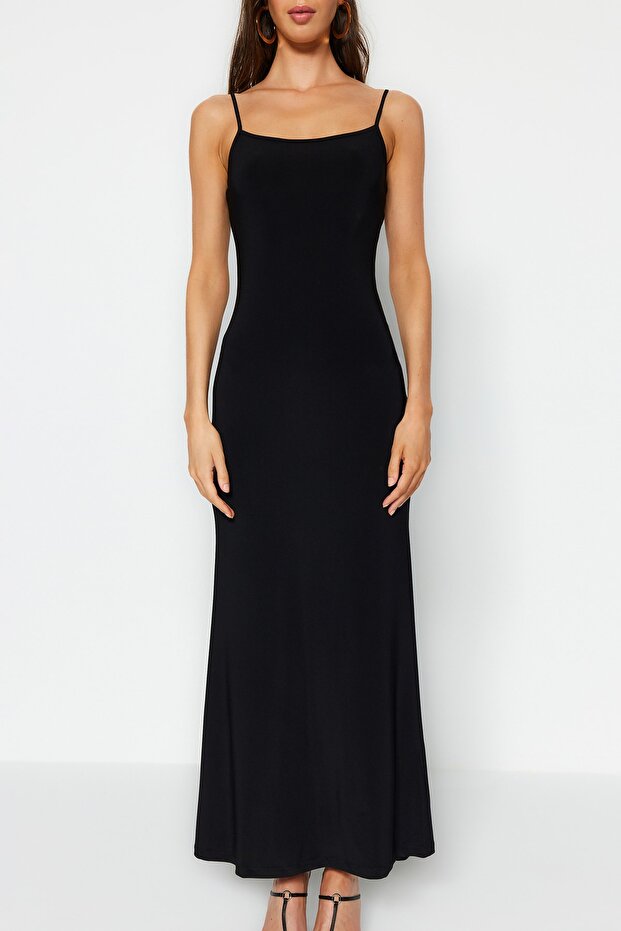 Μαύρο Εφαρμοσμένο/Εφαρμοσμένο Maxi Ευέλικτο Πλεκτό Μολύβι Φόρεμα με Τιράντες TWOSS23EL02435 - 11