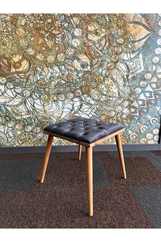DTM HOME Kare Antrasit Ahşap Çerçeveli Kapitone Puf Bench - 3