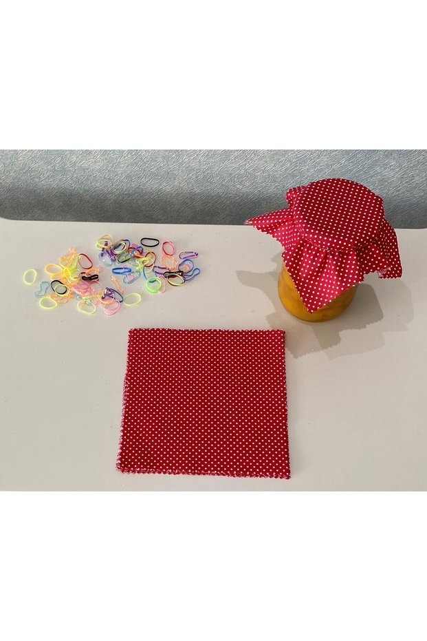 50 Pieces of White Polka Dot Red Jar Lid Fabric (Cover) and Colored Binding Rubber