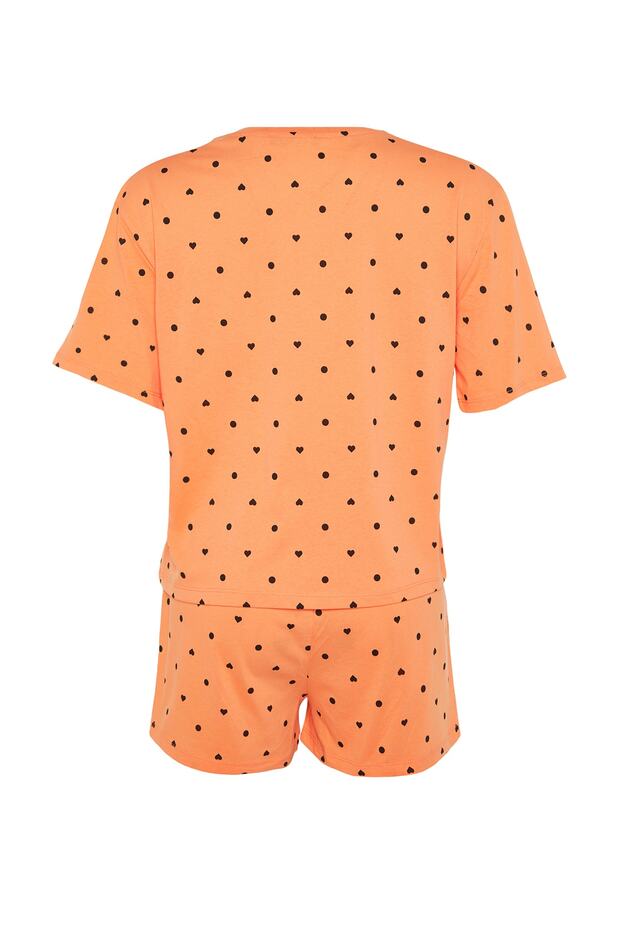Turuncu-Çok Renkli %100 Pamuklu Puantiyeli ve Kalpli Şortlu Örme Pijama Takımı THMSS21PT1485 - 9