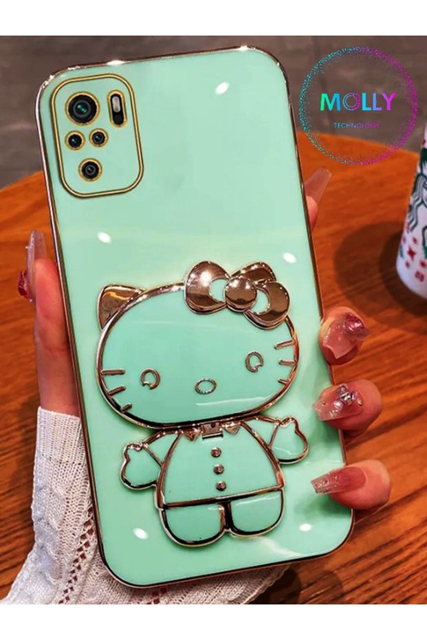 Water Green Hello Kitty Stand Edge Gold Detailed Luxury Silicone Case for Xiaomi Redmi Note 10S