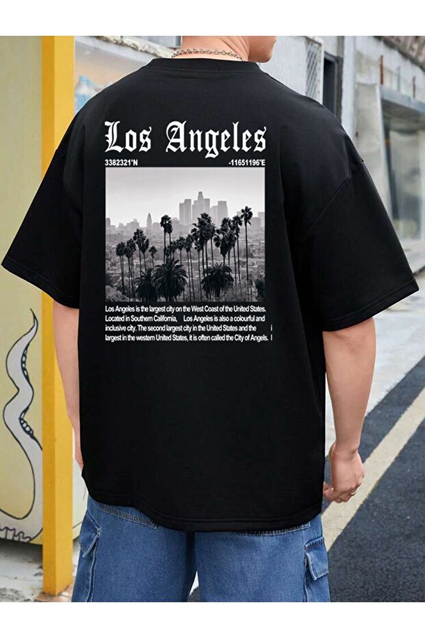 للجنسين كبير الحجم تي شيرت Losangeles الطباعة الخلفية باللون الأسود