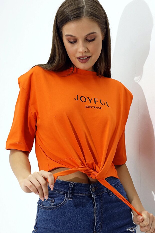Sloganlı Bel Detay Örme T-Shirt - 3
