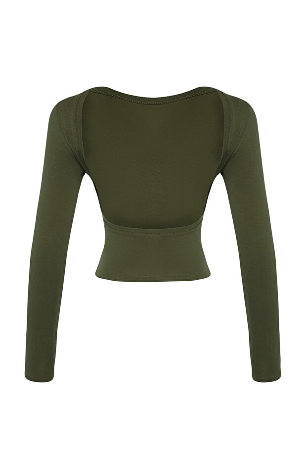 Haki Derin Sırt Dekolteli Fitted/Vücuda Oturan Pamuklu Esnek Örme Bluz TWOAW24BZ00173 - 8