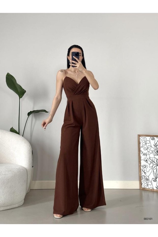 Imported Crepe Fabric Strap Wide Leg Jumpsuit Dress (Colorful)