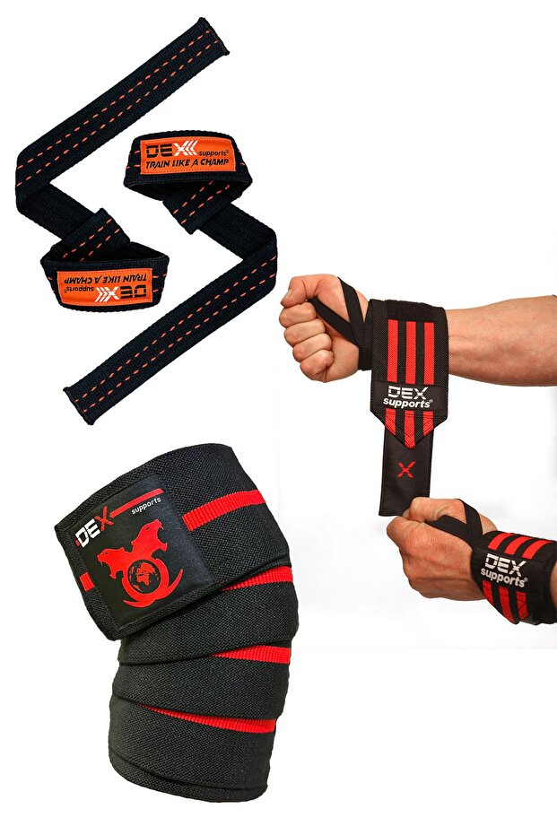 Lifting Straps, + Knee Bandage + Wrist Wrap Set of 3