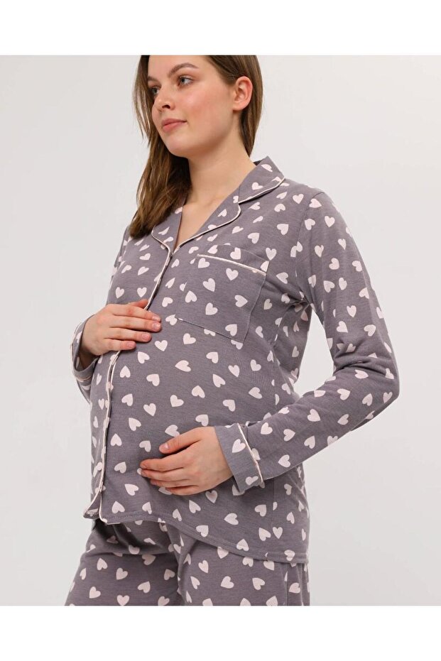 Front Buttoned Plus Size Combed Cotton Maternity Pajama Set - 2