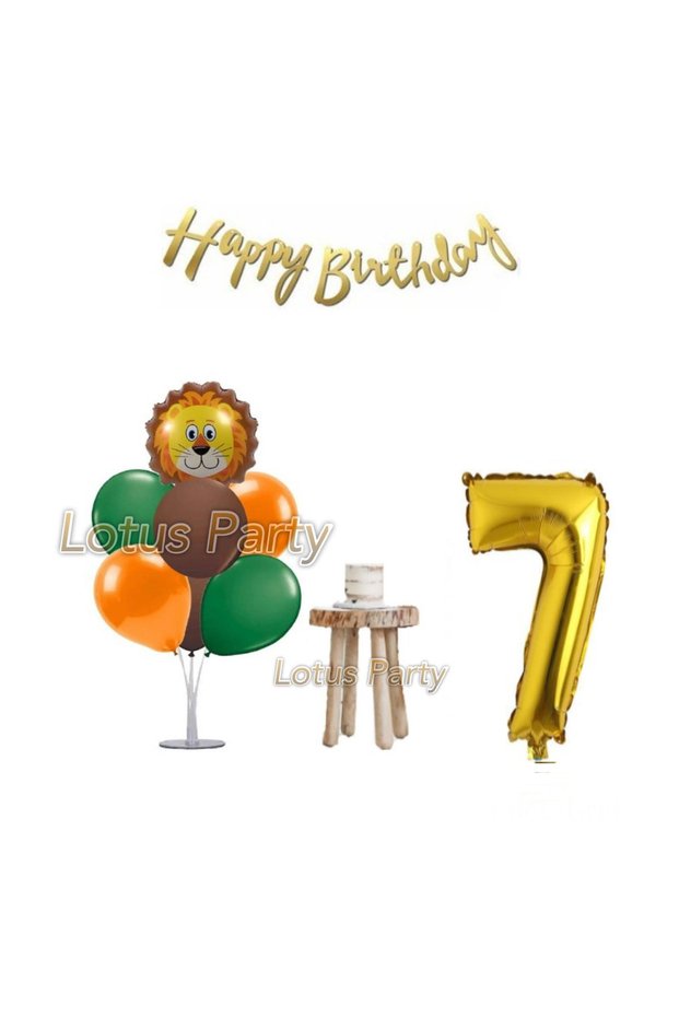 7 Years Safari Themed Minimal Birthday Party Set Lion Foil Balloon Balloon Stand Gold Number Foil