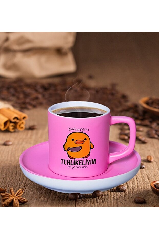 "My Baby, I'm Dangerous" Designed Matte Pink Turkish Coffee Cup - 1, Colorful Turkish Coffee Cup