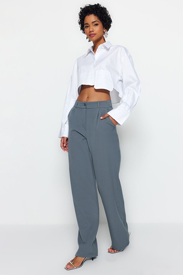Indigo Yüksek Bel Wide Leg/Geniş Paça Pilili Dokuma Kumaş Pantolon TWOAW21PL0076 - 5