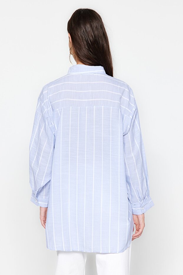 Mavi Çizgili Oversize/Geniş Kalıp Dokuma Gömlek TWOSS23GO00467 - 5