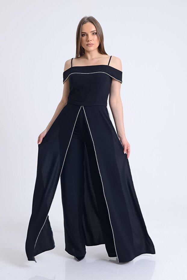 Siyah Kayık Yaka Askılı Tulum - 3