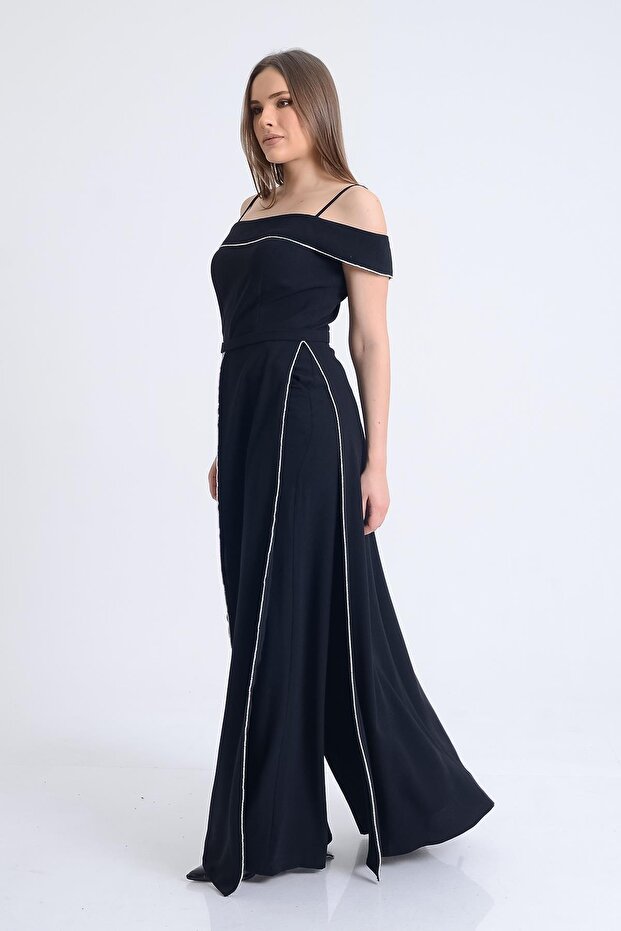 Siyah Kayık Yaka Askılı Tulum - 4