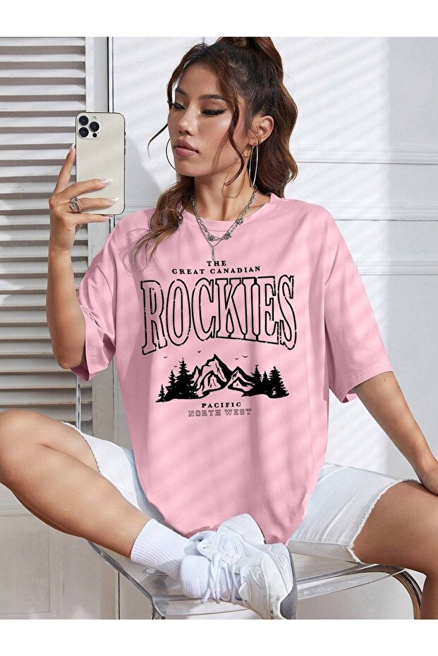 Rockies Printed Black Oversize T-shirt Casual Boyfirend