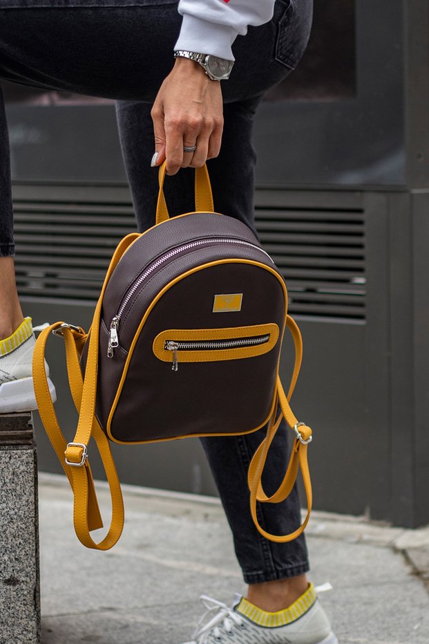 Oslo Brown Yellow Women's Backpack with Double Inner Pocket Detail and External Zipper Eyes