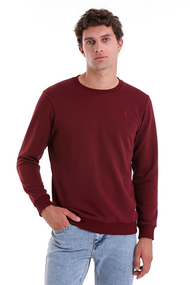 Claret Red Regular Fit Plain Cotton Crew Neck Sweatshirt