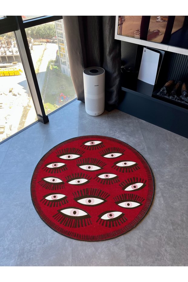 Burgundy Eye Theme Woven Base Round Carpet Mira 1413