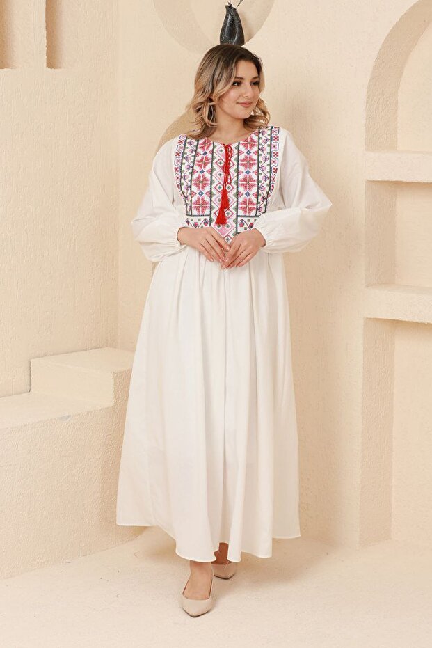 Women's White Kanavice Embroidered Lined Ethnic Authentic Dress