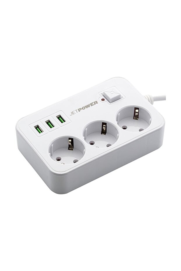 Jettpower 0370 Current Protected 3 USB 3-Gang Socket 2 M Extension Cable White