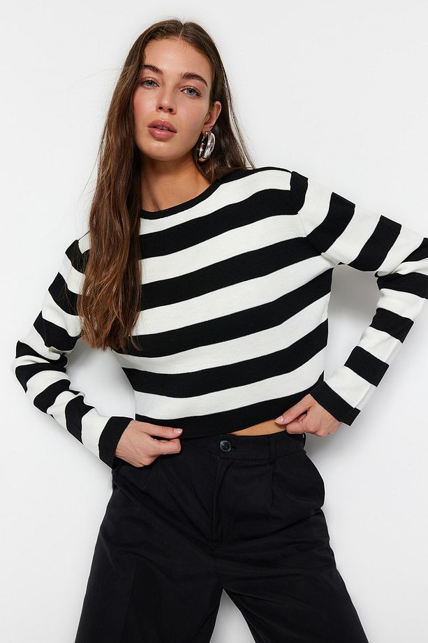 Siyah Crop Basic Çizgili Triko Kazak TWOAW23KZ00034 - 3