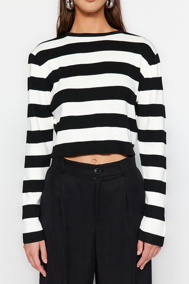 Siyah Crop Basic Çizgili Triko Kazak TWOAW23KZ00034 - 4