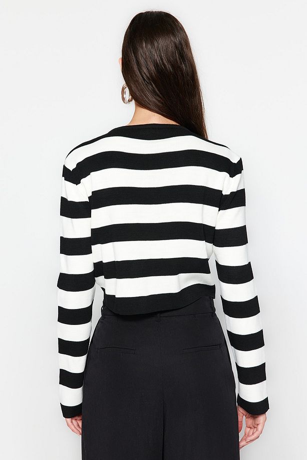 Siyah Crop Basic Çizgili Triko Kazak TWOAW23KZ00034 - 5