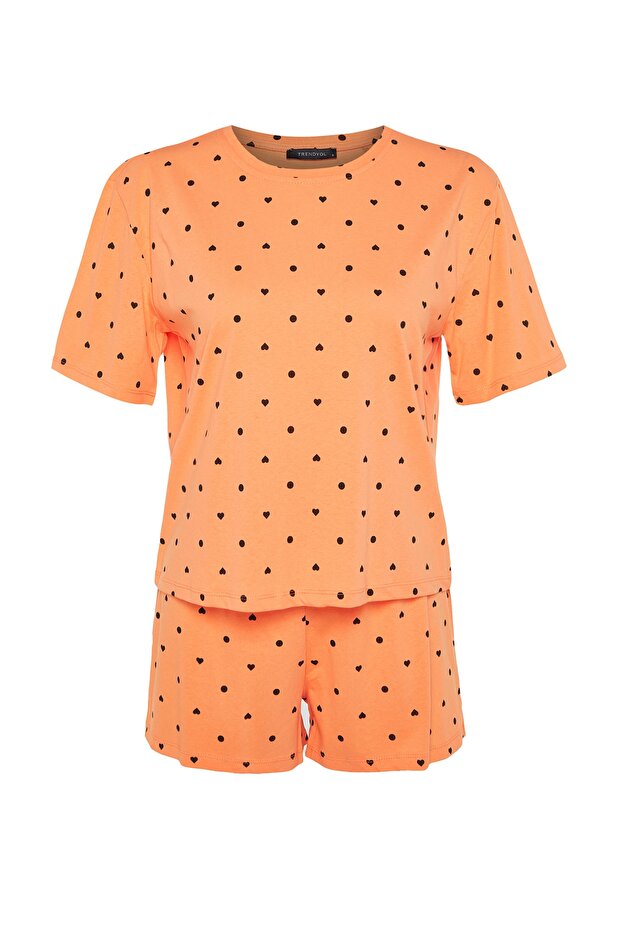 Turuncu-Çok Renkli %100 Pamuklu Puantiyeli ve Kalpli Şortlu Örme Pijama Takımı THMSS21PT1485 - 7