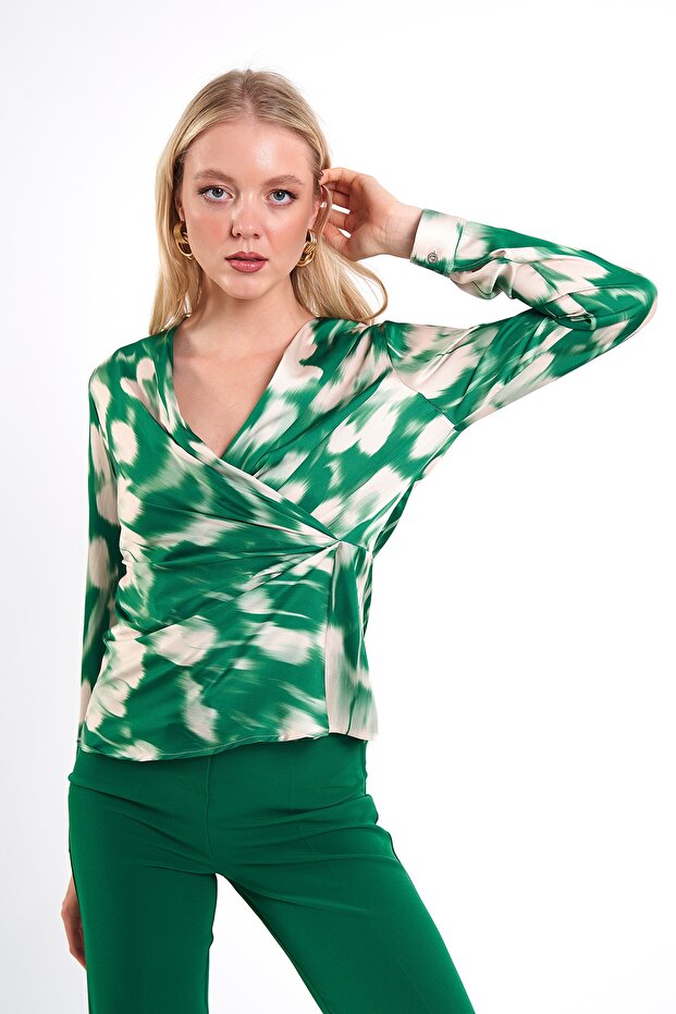 BOAT PATTERNED DECOLTED LONG SLEEVE BLUZ